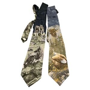 Set of two silk endangered species ties Bald eagle and gray wolf